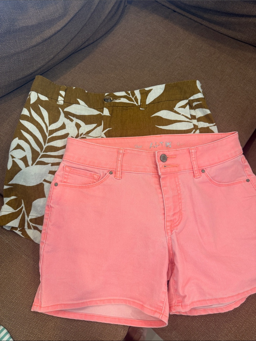 High-Rise Coral Pink Denim Shorts & Olive Leaf Print Cotton Shorts - 2 Pack